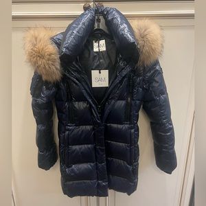 SAM. Girls Navy Blue Down Puffer with Fur lined Hood size 12
